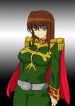  blue_eyes brown_hair cape female gradient gradient_background gundam katarina_rina long_hair military_uniform mobile_suit_gundam solo uniform 