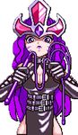  90s animated animated_gif belt bouncing_breasts breasts cleavage crown data_east dominatrix empress_(magical_drop) jewel large_breasts long_gloves magical_drop pixel_art purple_eyes purple_hair snk thighhighs whip 