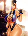  1girl bare_shoulders black_hair breasts brown_eyes cleavage curvy female hair_bun huge_breasts jassycoco kitana large_breasts lips lipstick looking_at_viewer makeup mortal_kombat nail_polish navel parted_lips solo standing tagme thick_thighs wide_hips 