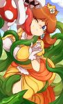  ambiguous_gender big_tongue blue_eyes breasts brown_hair crown face_lick female female/ambiguous flora_fauna hair human mammal mario_bros merunyaa nintendo not_furry piranha_plant plant princess_daisy restrained tentacles video_games 