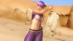  1girl 3d alternate_costume arabian_clothes arm ayane_(doa) bare_arms bikini bikini_top bracelet breasts dead_or_alive dead_or_alive_5 desert dutch_angle earrings female hand_on_hip highres jewelry large_breasts lips looking_at_viewer midriff navel official_art pants purple_hair red_eyes ring sand see-through short_hair smile solo swimsuit tecmo underboob vest 