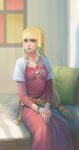  1girl blonde_hair blue_eyes female looking_at_viewer nintendo pillow pointy_ears princess_zelda sitting solo the_legend_of_zelda the_legend_of_zelda:_skyward_sword window yagaminoue 