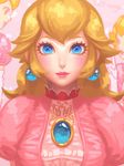  1girl animated animated_gif bellhenge blonde_hair blue_eyes bouncing_breasts breasts crown dress mario_(series) nintendo princess_peach puffy_sleeves solo super_mario_bros. upper_body 