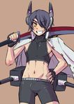  abs ass_visible_through_thighs bike_shorts boxers bulge cannon collarbone covered_nipples cowboy_shot eyebrows eyebrows_visible_through_hair eyepatch fingerless_gloves genderswap genderswap_(ftm) gloves headgear image_sample jacket_on_shoulders kantai_collection looking_at_viewer male_focus male_underwear mikoyan navel pixiv_sample purple_hair smile solo standing stomach sword tenryuu_(kantai_collection) toned underwear weapon yellow_eyes 