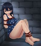 against_wall ahoge arms_behind_back bangs bare_shoulders barefoot bdsm black_hair blue_swimsuit blush bondage bound bound_ankles box_tie breast_bondage breasts brick_wall casual_one-piece_swimsuit cleave_gag cloth_gag collarbone commentary crossed_ankles crossed_arms crossed_legs embarrassed feet from_side full_body gag gagged hair_between_eyes improvised_gag in_cell indoors jitan777 kantai_collection knees_up large_breasts legs_together long_hair looking_at_viewer on_floor one-piece_swimsuit parted_bangs polka_dot polka_dot_swimsuit raised_eyebrows red_rope rope shadow sitting solo sweat swept_bangs swimsuit taut_clothes thighs ushio_(kantai_collection) yellow_eyes 