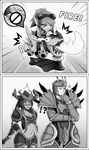  1boy 2girls armor artist_request comic dragon googles hair_ornament helmet jarvan_lightshield_iv league_of_legends long_hair monochrome multiple_girls open_mouth ponytail short_hair shyvana tattoo teeth tristana weapon 