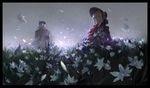  2girls back bloodborne bonnet coat cravat dress field flower from_software hat kzcjimmy lady_maria_of_the_astral_clocktower looking_at_viewer multiple_girls petals plain_doll poncho ponytail silver_hair 