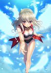  1girl angel_wings blonde_hair blush breasts choker cleavage cloud clouds feathers female flying game_cg head_wings highres in_vitro_shoujo large_breasts legs long_hair looking_at_viewer navel pink_eyes sandals short_shorts shorts sky sleeveless smile solo tadano_akira thighs wings 