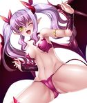  1girl ass bare_legs bare_shoulders bat_wings bikini breasts bridal_gauntlets demon_girl fangs female hamstring happy kagami_hirotaka legs lilim_(taimanin_asagi_battle_arena) lilith-soft long_hair looking_at_viewer open_mouth partially_visible_vulva smile solo succubus swimsuit tail taimanin_asagi taimanin_asagi_battle_arena thong twintails underwear wings wink 
