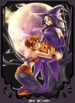  2girls annie_barrs back bare_shoulders black_hair boots breasts brown_eyes brown_hair earrings elbow_gloves gloves halloween hat hilda_rhambling jewelry lips long_hair makeup midriff moon multiple_girls open_mouth pants pumpkin purple_eyes shoes short_hair smile tales_of_(series) tales_of_rebirth thigh_boots witch_hat 