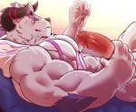  abs balls behemoth_(housamo) blush clothing erection fur hair hoodie horn istani male monster muscular muscular_male nipples pecs penis precum purple_hair tokyo_afterschool_summoners video_games white_fur 