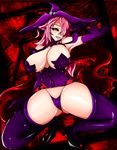  1girl arc_system_works artist_request ass bare_shoulders black_sclera blazblue blazblue:_central_fiction breasts cape cleavage dress erect_nipples gloves hat high_heels huge_breasts konoe_a_mercury long_hair looking_at_viewer open_mouth panties pantyshot pantyshot_(standing) phantom_(blazblue) pink_hair shiny shiny_skin smile solo squatting thighhighs thong tongue underwear witch witch_hat 