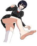  1girl agent_aika bare_legs barefoot black_delmo black_hair blush delmo dress feet female legs looking_at_viewer panties pantyshot short_dress short_hair simple_background skirt smile solo toes underwear uniform upskirt white_panties 