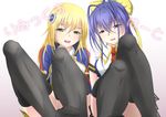  2girls akkiyniyan antenna_hair black_legwear blazblue blazblue_remix_heart blonde_hair blue_hair blush bow feet genderswap green_eyes hair_bow half-closed_eyes long_hair mai_natsume multiple_girls noel_vermillion open_mouth ponytail red_eyes school_uniform thighhighs 