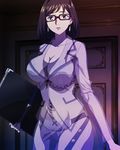  1girl bra breasts brown_hair cleavage earrings female glasses jewelry k_(anime) large_breasts long_hair panties parted_lips pencil_skirt screencap secretary see-through solo standing stitched underwear 