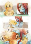  !! 2girls ? alphys bathing blue_skin blush breasts comic covering covering_breasts embarrassed fish_girl head_fins hug lizard_taro looking_to_the_side medium_breasts monster_girl multiple_girls nude onsen red_hair sharp_teeth teeth undertale undyne yellow_skin yuri 