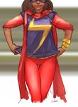  1girl bracelet brown_hair darren_geers emblem head_out_of_frame jewelry kamala_khan marvel ms._marvel scarf shirt_lift smile solo thigh_gap tight_pants upper_body 