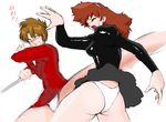  2girls agent_aika black_delmo brown_hair defeated delmo female fighting kicking knocked_out leg_lift multiple_girls pain panties pantyshot pencil_skirt short_dress skin_tight skirt sumeragi_aika thighhighs thighs underwear uniform white_legwear white_panties 