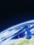  1girl blue_hair hat hinanawi_tenshi long_hair outer_space sitting star sword tagme touhou uwa 