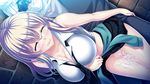  1boy 1girl blush breasts censored cleavage clothes_around_waist cum cum_in_pussy cum_on_body cum_on_lower_body cumdrip eyes_closed game_cg glasses grey_hair hetero highres huge_breasts in_vitro_shoujo legs long_hair midriff mosaic_censoring no_panties pussy sex skirt skirt_lift sleeveless solo_focus standing sweat tadano_akira thighs vaginal 