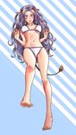  1girl animal_ears bare_shoulders barefoot bikini black_hair blush breasts hilda_rhambling horns long_hair midriff navel open_mouth purple_eyes swimsuit tail tales_of_(series) tales_of_rebirth 