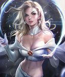  1girl artist_name bare_shoulders blonde_hair breasts cape cleavage emma_frost looking_at_viewer marvel midriff navel parted_lips sakimichan solo stomach watermark web_address x-men 