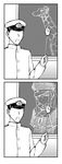 1girl 2koma admiral_(kantai_collection) blush breasts capelet chalkboard comic commentary giraffe graf_zeppelin_(kantai_collection) greyscale hair_between_eyes hat kantai_collection large_breasts military military_hat military_uniform monochrome no_eyes peaked_cap pointer silent_comic takayaki twintails uniform 