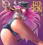  breasts capcom chains cleavage crop_top cuffs denim denim_shorts final_fight handcuffs hat l.g looking_at_viewer pink_hair poison_(final_fight) riding_crop short_shorts shorts sleeveless strap_slip tank_top tongue_out underboob 