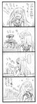  ... 1girl 4koma :d ^_^ bbb_(friskuser) book book_stack bookshelf closed_eyes comic commentary_request covered_eyes flower greyscale hair_flower hair_ornament highres kantai_collection long_hair monochrome neckerchief open_mouth ro-500_(kantai_collection) school_uniform serafuku sleeveless smile solo spoken_ellipsis swimsuit swimsuit_under_clothes translated 