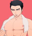  1boy abs akihiro_altland bibinba black_hair gundam gundam_tekketsu_no_orphans male_focus muscle nipples pecs short_hair simple_background solo sweat topless towel water 