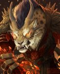  armor charr fangs felid feline female fur glowing glowing_eyes guild_wars gutter_tongue horn male mammal multi_ear orange_eyes snarling solo spots spotted_fur video_games 