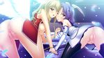  2girls angel_wings anus ass bare_shoulders bed blonde_hair blue_hair blush breasts censored feathers from_behind game_cg hand_holding highres in_vitro_shoujo large_breasts legs long_hair looking_back mosaic_censoring multiple_girls no_panties pillow pink_eyes pussy pussy_juice short_hair small_breasts sweat tadano_akira take_your_pick thighhighs thighs wet wince wings yellow_eyes 