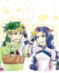  1boy 1girl animal_ears armor belt black_hair blue_eyes breasts brown_eyes dress flower gloves green_hair headband hilda_rhambling horns long_hair makeup open_mouth tales_of_(series) tales_of_rebirth tytree_crowe 