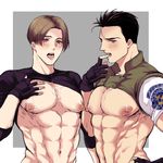  2boys abs aftersex bara blush cum cum_in_mouth cum_on_body drooling facial leon_s_kennedy looking_at_viewer male_focus multiple_boys muscle naughty_face nipples pecs piers_nivans resident_evil saliva steam tagme yaoi 