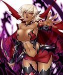  1girl armpits bare_shoulders breasts cameltoe cape claws cleavage corruption dark_persona dark_skin demon_girl detached_sleeves fangs female horns huge_breasts igawa_sakura kagami_hirotaka large_breasts lilith-soft looking_at_viewer navel open_mouth outstretched_arm outstretched_hand pink_eyes pose revealing_clothes short_hair solo taimanin_asagi taimanin_asagi_battle_arena tan white_hair wide_hips yellow_sclera 