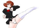  1girl agent_aika black_delmo brown_hair delmo female fighting kicking leg_lift panties pantyshot pencil_skirt short_dress skin_tight skirt thighhighs thighs underwear uniform white_legwear white_panties 