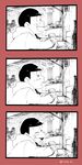  1boy 3koma ;) border comic highres hood hood_down hoodie itoda_(110da) male_focus matsuno_osomatsu monochrome one_eye_closed osomatsu-kun osomatsu-san pov red_border sitting smile star twitter_username 