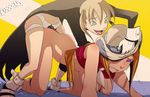  2girls all_fours blonde_hair blue_eyes breasts brown_hair dildo doggystyle elizabeth_thompson erect_nipples female femdom fixxxer gloves green_eyes hat large_breasts long_hair lowres maka_albarn multiple_girls nipples open_mouth sex shoes smile soul_eater strap-on twintails yuri 