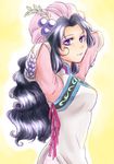  1girl black_hair breasts dress gloves hat hilda_rhambling long_hair makeup pants purple_eyes tales_of_(series) tales_of_rebirth yellow_background 