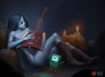  adventure_time ass axe black_hair bmo boots boots_only candle cartoon_network collarbone dark_background eyes_closed grey_skin guitar instrument kano-kun long_hair marceline_abadeer navel nude pants playing_instrument pumpkin reclining robot sitting stomach vampire weapon 