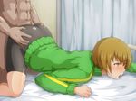  1girl abs ass ass_grab bed bed_sheet bike_shorts blonde_hair blush clothed_female_nude_male curtains doggystyle hetero highres legs muscle on_bed open_mouth oshiza persona persona_4 satonaka_chie sex sheet_grab short_hair solo_focus thighs top-down_bottom-up track_jacket vaginal woodzzz yellow_eyes 