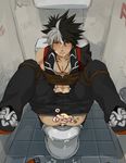  1boy aftersex anal bathroom bdsm black_hair blush body_writing bondage bound cross cross_necklace cum cum_in_ass cumdrip elsword facial grey_hair jewelry looking_at_viewer male_focus necklace pov public_use raven_(elsword) short_hair tears toilet yaoi yellow_eyes 
