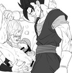  2boys abs anal anus bara barefoot blush bottomless cum cum_in_ass cum_while_penetrated dragon_ball dragonball_z gogeta male_focus monochrome multiple_boys muscle naughty_face pecs penis simple_background son_gokuu steam sweat tagme testicles vegeta vegetto yaoi 