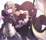  1girl absurdres armor armored_dress bangs black_dress blonde_hair blush braid breasts chains commentary_request cowboy_shot dress eyebrows_visible_through_hair fate/apocrypha fate_(series) flag gauntlets hair_ornament hand_on_weapon headpiece highres holding jeanne_d&#039;arc_(fate) jeanne_d&#039;arc_(fate)_(all) large_breasts lira long_hair looking_at_viewer purple_eyes short_hair solo standard_bearer sword weapon 