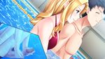  1girl amami_taito bare_shoulders blonde_hair blue_eyes blush breast_press breasts censored eyes_closed game_cg grabbing grabbing_from_behind handjob hetero highres hitozuma_swimming_club ino interheart kayashima_aki large_breasts long_hair mosaic_censoring naughty_face partially_submerged penis pool smile swimsuit two-handed_handjob water wet 