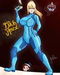  1girl blonde_hair blue_eyes breasts cameltoe covered_navel erect_nipples gun large_breasts long_hair matinee metroid metroid_(creature) nintendo parted_lips ponytail samus_aran standing weapon zero_suit 