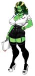  1girl breasts cleavage glasses green_hair green_skin high_heels marvel_comics she-hulk suitcase thick_thighs wide_hips 