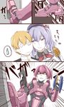  2girls alternate_costume cheek-to-cheek comic dual_wielding gun halo_(game) holding ishii_hisao kantai_collection kashima_(kantai_collection) kicking little_boy_admiral_(kantai_collection) master_chief multiple_girls shiranui_(kantai_collection) silent_comic spoken_sweatdrop sweatdrop weapon 