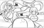  2girls ass bare_shoulders breasts cleavage domino_mask female huge_ass huge_breasts jadenkaiba long_hair mask monochrome multiple_girls open_mouth rainbow_mika short_hair sketch smile street_fighter street_fighter_v toned twintails yamato_nadeshiko_(street_fighter) 