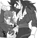 2boys abs anal anus bara barefoot blood blush bottomless cum cum_in_ass cum_while_penetrated dragon_ball dragonball_z gogeta male_focus monochrome multiple_boys muscle naughty_face pecs penis simple_background son_gokuu steam sweat tagme tail testicles vegeta vegetto yaoi 